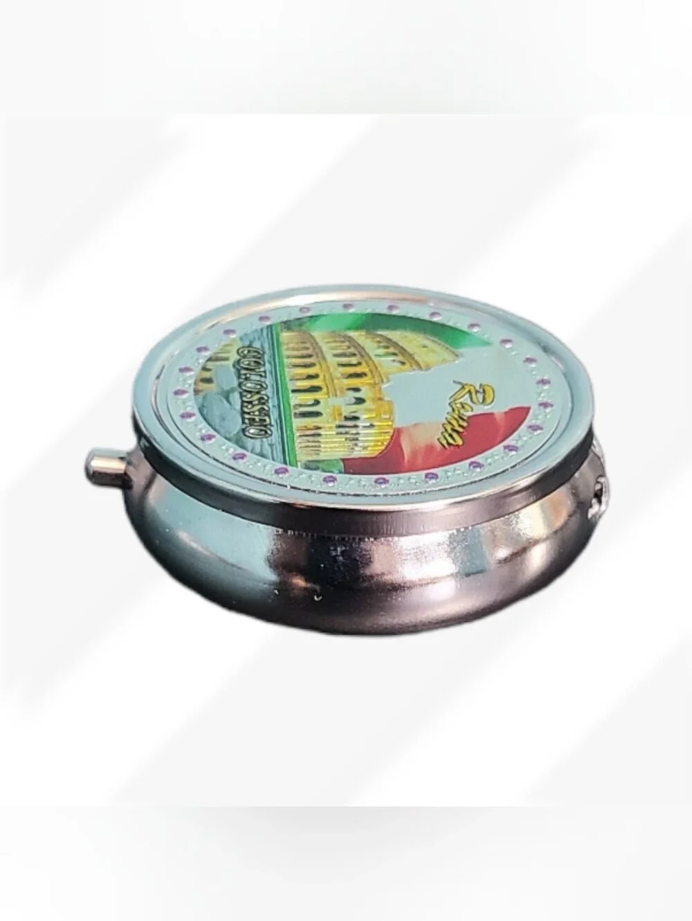 Trinket Pill Box Rome Italy Colosseum Travel Metal Hinged Round 3 Compartments